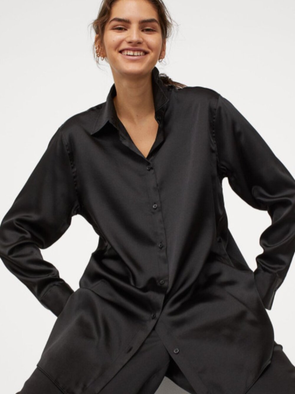 H&M Black Satin Button Down Shirt XL Oversized Blouse Minimalist